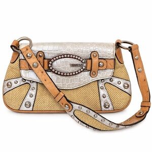 Vintage Y2K Guess Rhinestone Logo Studded Shoulder Bag Tan Woven & Silver Croc